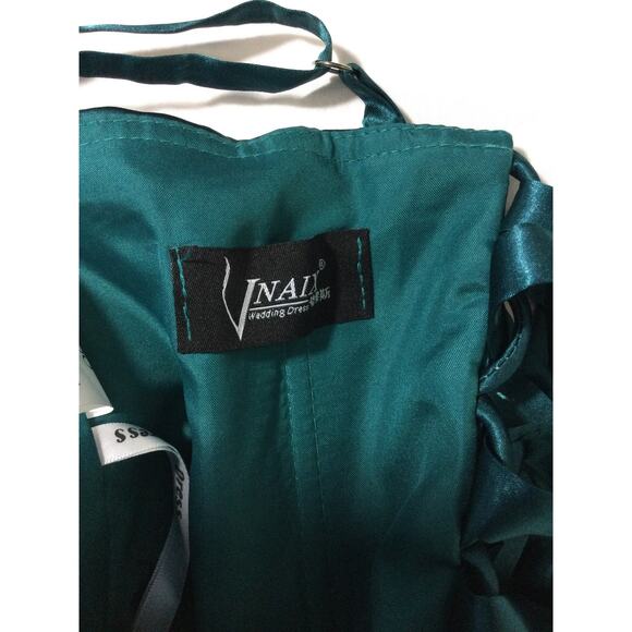 FORMAL PARTY SZ 8 M teal green satin cowl ruched prom maxi gown dress NEW B44 - Picture 7 of 9